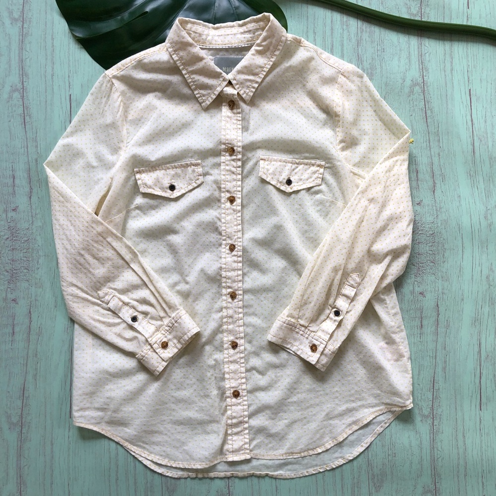 Anthro Maeve Yellow Mini Dot Shirt Semi Sheer